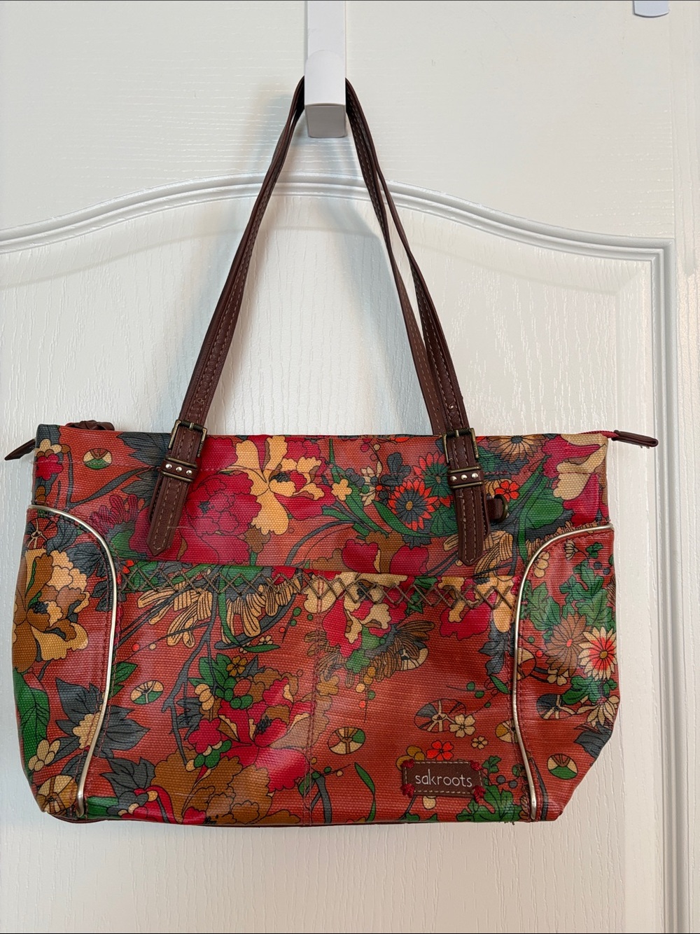 Sakroots Multi Floral Shoulder Tote with Brown Straps